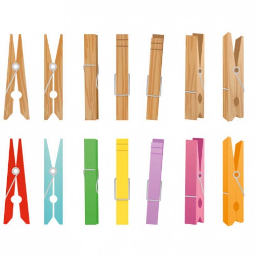 Vector illustration of wooden and clothespin collection on white background. Clothespins in different bright colors and positions for household in flat style