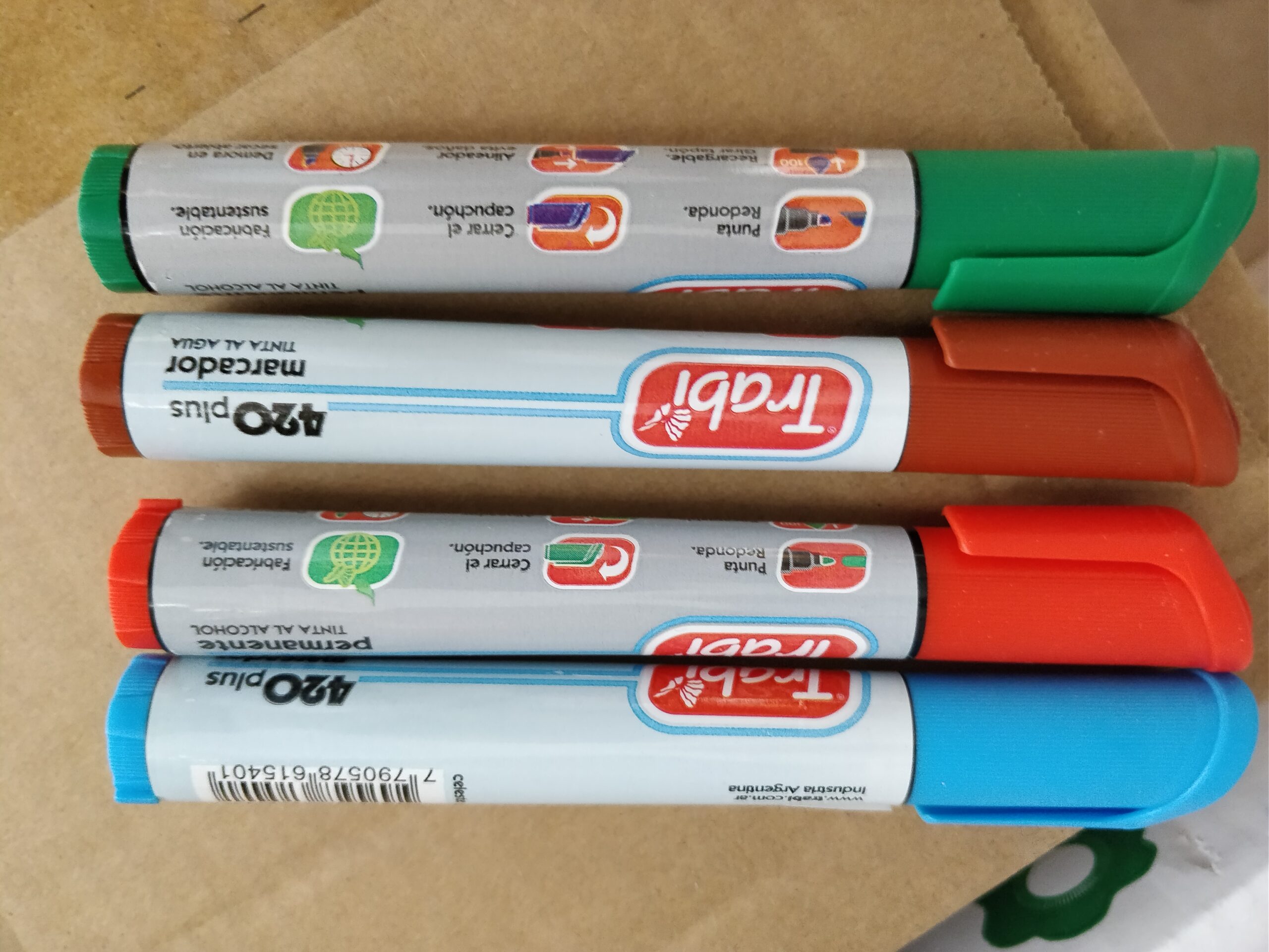 4 Marcadores gruesos Verde, Marron, Rojo, Celeste